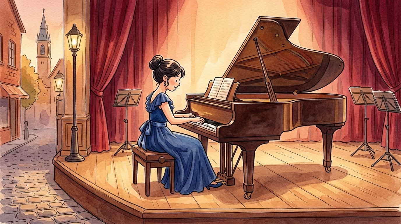 Une pianiste joue une mélodie sur scène devant un public